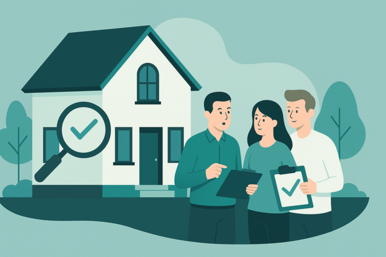 Ilustracja w kolorystyce Homependium przedstawiająca specjalistę dokonującego oceny technicznej domu z rynku wtórnego razem z parą kupujących, co symbolizuje bezpieczny zakup używanego domu po dokładnym sprawdzeniu stanu budynku.