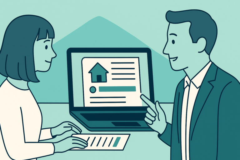 Ilustracja w kolorystyce Homependium przedstawiająca doradcę tłumaczącego kupującej zapisy w księdze wieczystej wyświetlonej na ekranie laptopa, co symbolizuje praktyczny przewodnik po służebnościach wpisanych do księgi wieczystej.