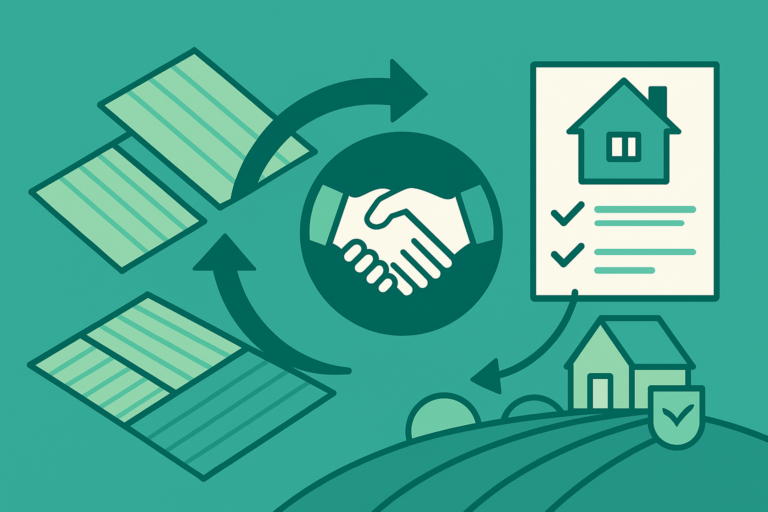 Ilustracja w kolorystyce Homependium przedstawiająca rolnika i doradcę analizujących dokumenty na tle pola uprawnego i podziału działek rolnych, co symbolizuje zasady obrotu ziemią rolną i ograniczenia prawne przy jej sprzedaży.