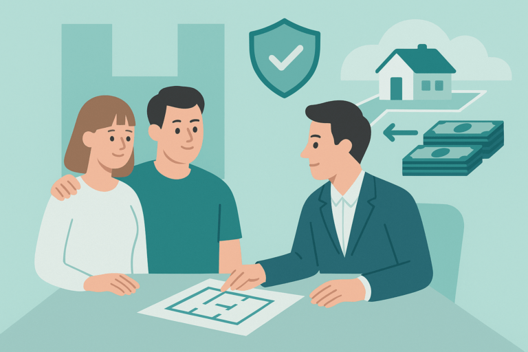 Ilustracja w kolorach Homependium przedstawia parę rozmawiającą z doradcą przy planie działki, w tle widać ikonę domu, pieniędzy i tarczy, co symbolizuje bezpieczny zakup działki budowlanej, gdy sprzedający oczekuje dużej wpłaty.