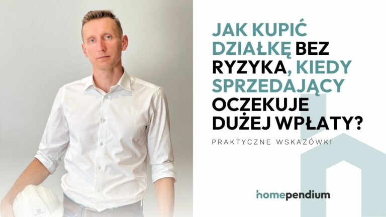 Ilustracja przedstawiająca proces zakupu działki z zabezpieczeniami prawno-finansowymi, zgodnie z wskazówkami Homependium.