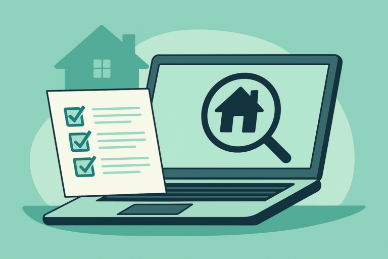 Płaska ilustracja w kolorach Homependium przedstawiająca laptop z ikoną domu w lupie oraz listę kontrolną z odhaczonymi punktami, symbolizująca samodzielne sprawdzanie księgi wieczystej nieruchomości online.