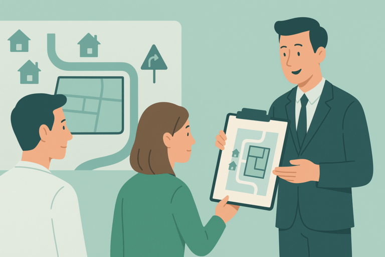 Ilustracja w kolorach Homependium przedstawiająca parę kupujących analizującą z doradcą plan działki z zaznaczoną drogą dojazdową, co symbolizuje sprawdzanie i zabezpieczenie dostępu do drogi publicznej przed zakupem działki budowlanej.