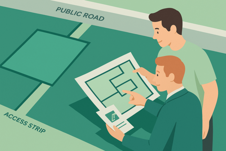 Płaska ilustracja w kolorach Homependium przedstawiająca dwóch mężczyzn o jasnej karnacji analizujących mapę działki z zaznaczonym dojazdem do drogi publicznej, symbolizująca zabezpieczenie dostępu do drogi przy zakupie działki budowlanej.