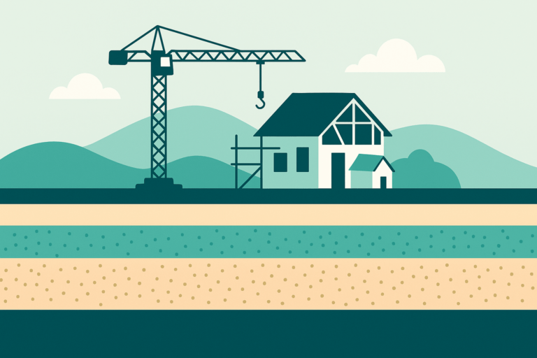 lustracja w barwach Homependium przedstawiająca przekrój działki z różnymi warstwami gruntu, obok niewielki plac budowy z domem w realizacji, co symbolizuje wpływ rodzaju gruntu na koszty budowy domu i ryzyko błędów.