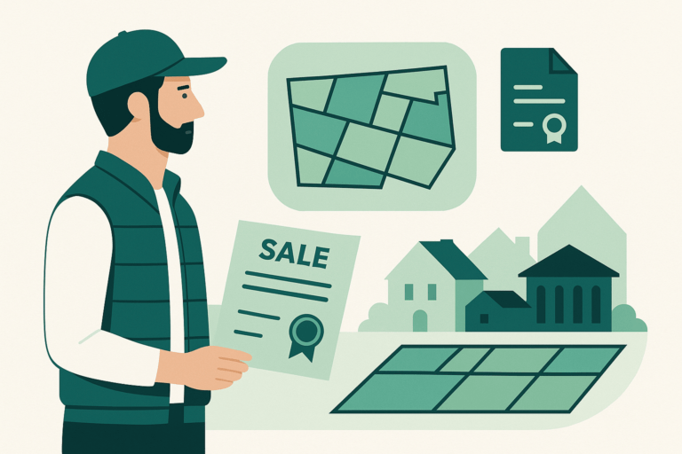 Płaska ilustracja w kolorach Homependium przedstawiająca rolnika z dokumentem sprzedaży ziemi, mapą podzielonych działek oraz sylwetkami domu i urzędu, symbolizująca zasady sprzedaży ziemi rolnej po zmianach przepisów w 2025 roku.