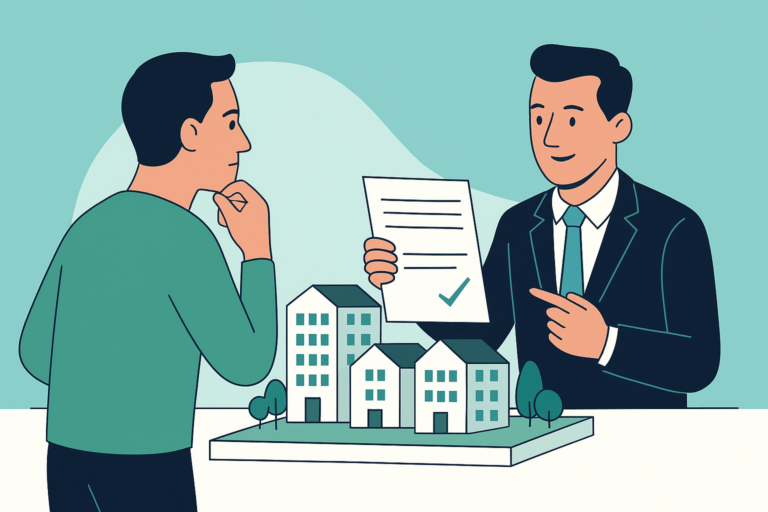 Ilustracja w barwach Homependium pokazująca kupującego i doradcę analizujących umowę przy makiecie osiedla mieszkaniowego, symbolizująca weryfikację dewelopera przed bezpiecznym zakupem domu lub mieszkania.