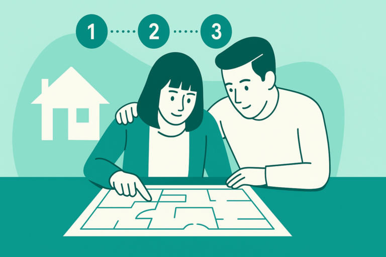 Płaska ilustracja w kolorystyce Homependium przedstawiająca parę oglądającą plan mieszkania na stole, z zaznaczonymi etapami zakupu, symbolizująca przewodnik krok po kroku po procesie kupna mieszkania.