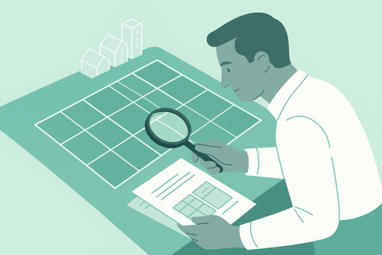 Ilustracja w kolorach Homependium pokazująca plan działki podzielonej na mniejsze parcele, nad którym pochyla się specjalista analizujący dokumenty MPZP, co symbolizuje ocenę chłonności działki przed zakupem.