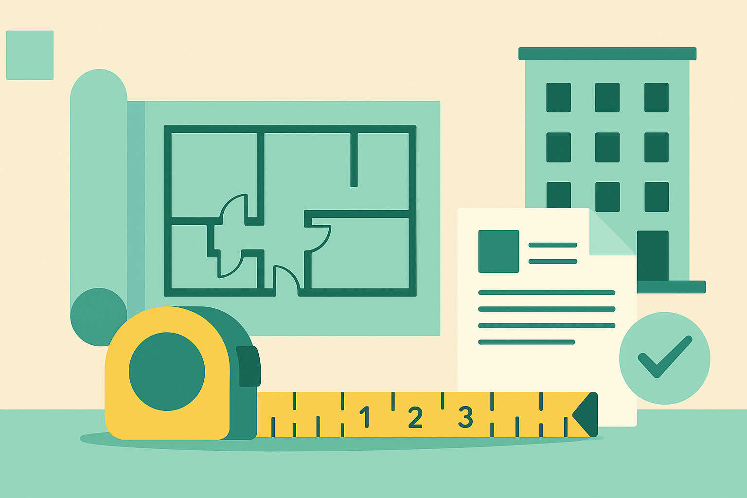 Ilustracja przedstawiająca architekta mierzącego rzut mieszkania na dużym planie z taśmą mierniczą i linijką, symbolicznie pokazująca nowe zasady liczenia powierzchni użytkowej lokali według normy budowlanej.