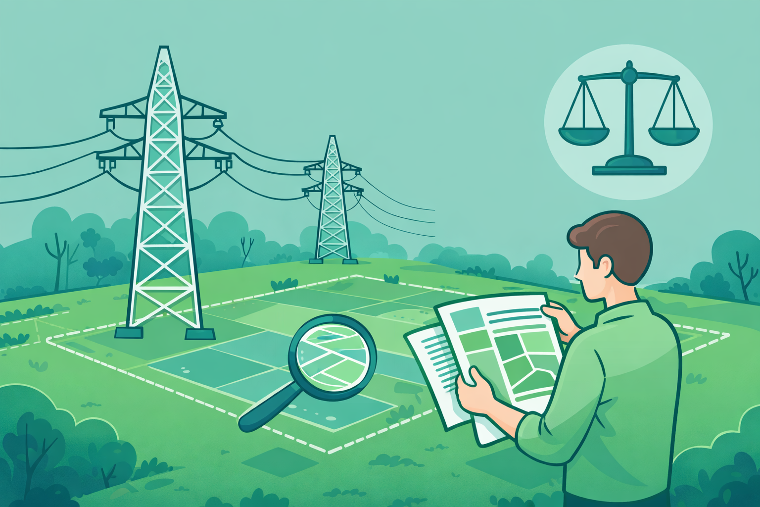 Infografika w kolorach Homependium przedstawiająca działkę z widocznym słupem energetycznym oraz rozmowę właściciela z doradcą, symbolizująca analizę zasiedzenia i ryzyka przy zakupie działki z infrastrukturą przesyłową